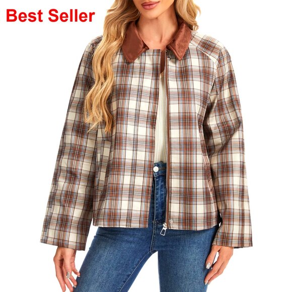 Lightweight Plaid Barn Jacket with Suede Collar Women's Casual Fall Outwear